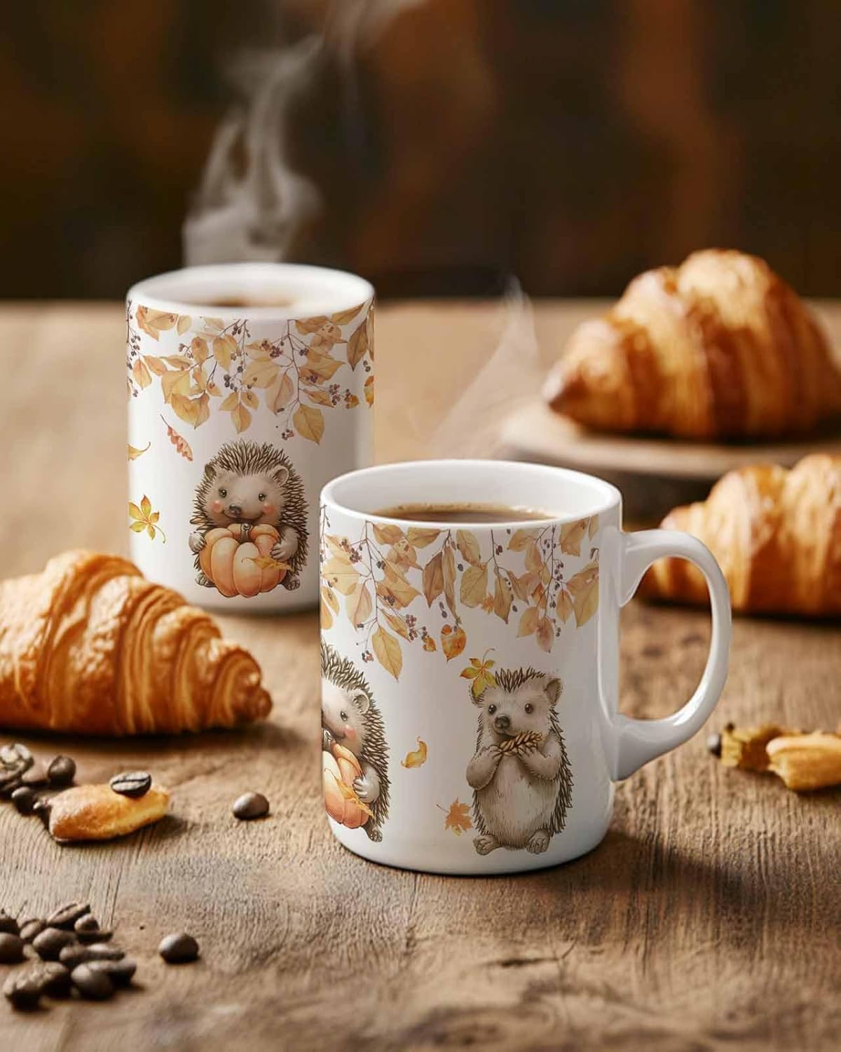 BEMIGO Ceramic Coffee Mug Fall Leaves Ceramic Mug White Cup, Hedgehog Pumpkin Insulated Coffee Cup with Handle with Pattern Perfect for Tea and Hot Beverages, 12oz