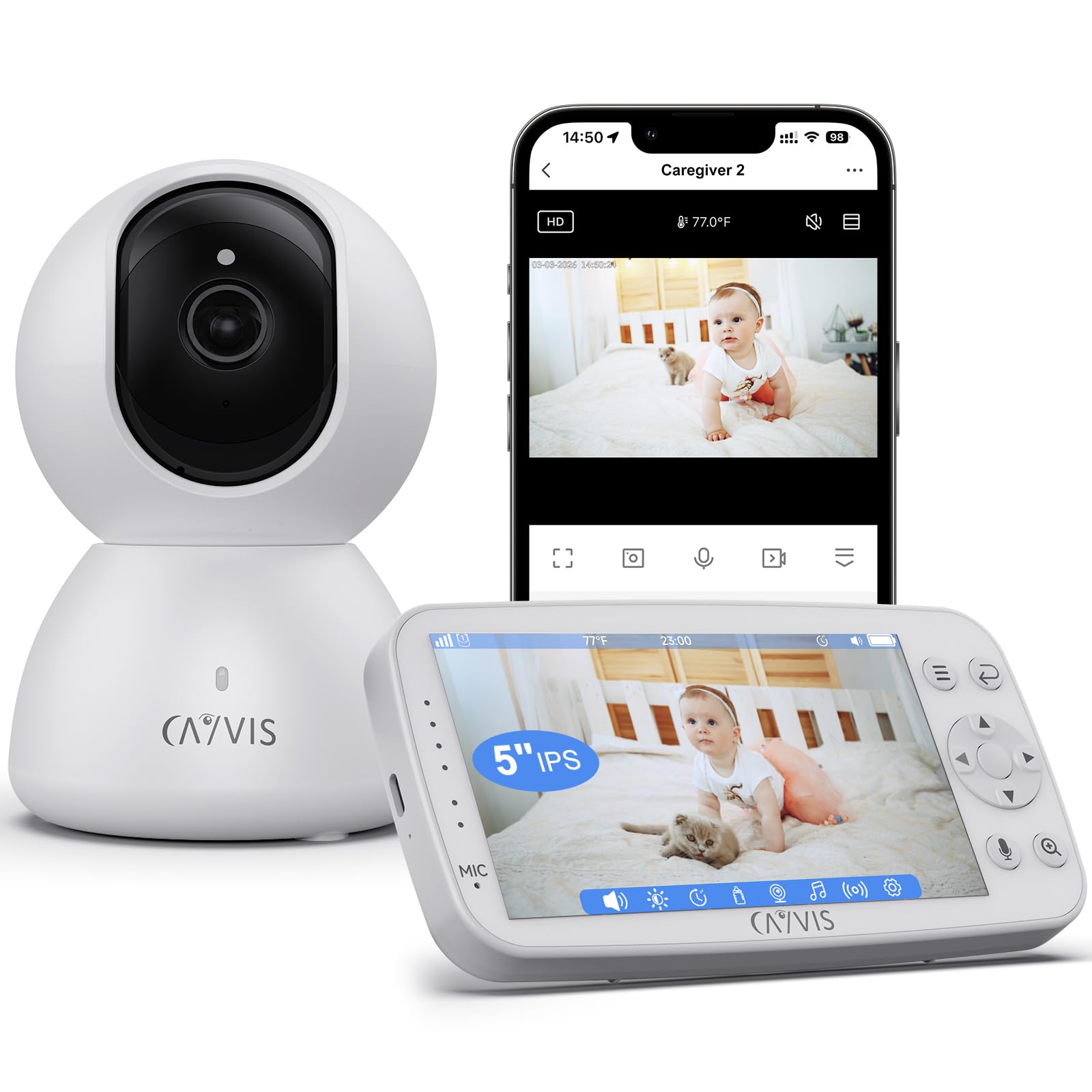 Vigilabebés con cámara de 1080P, 5" LCD-IPS - Cámara de bebé WiFi vídeo babyfone PTZ 360, visión Nocturna detección Movimientos cunas, Bebe Monitoreo Baby Phone