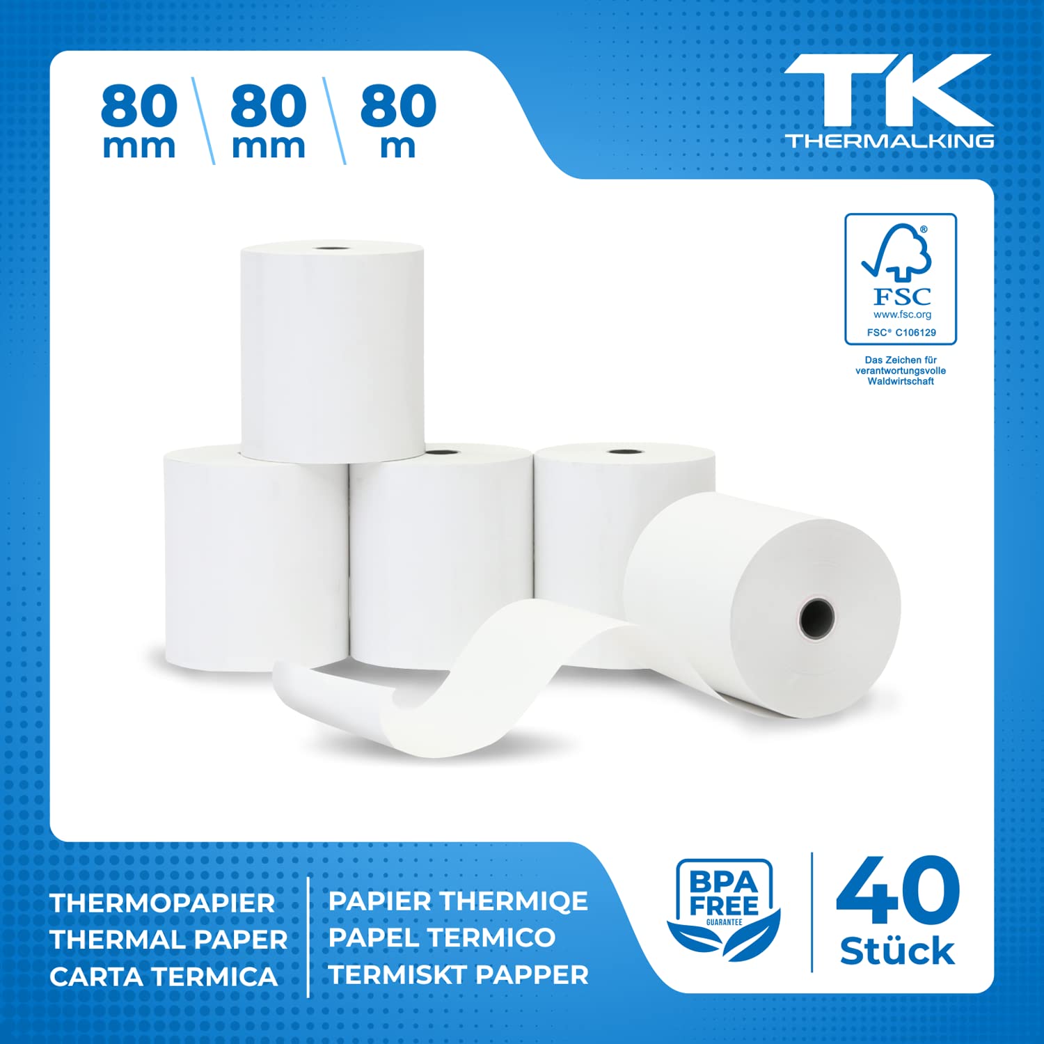 THERMALKING - Rotoli Cassa 80x80 Termica Fiscale [senza BPA] - Rotolo per stampante registratore di cassa fiscale 80mm x 80m x 12mm - Rotolini carta termica 80x80x12 - [40x]
