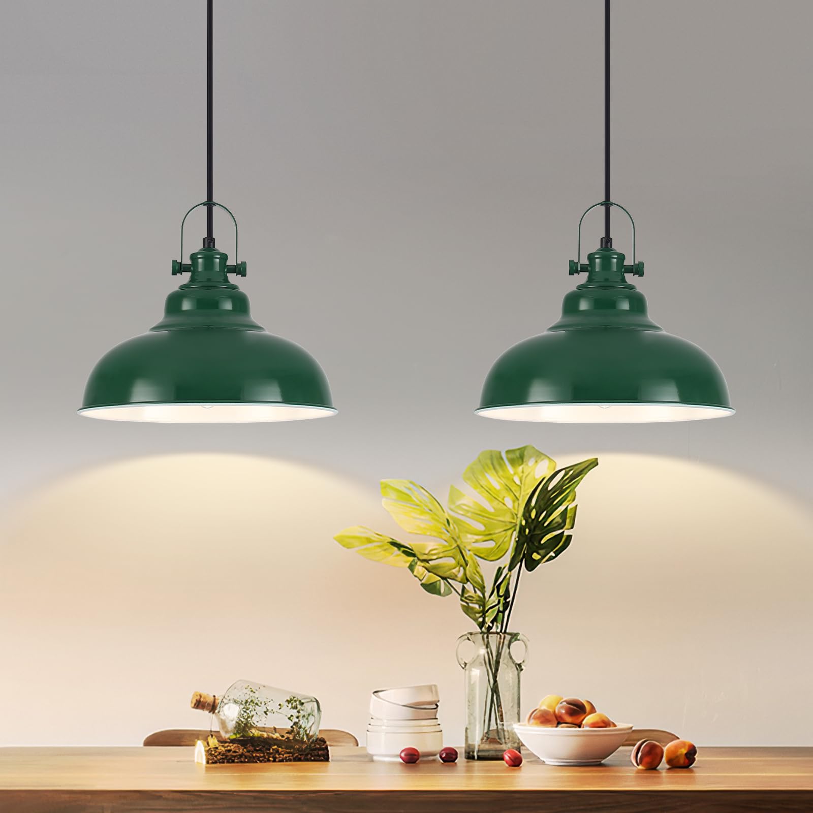 Zielone lampy wiszące na wyspę kuchenną, 2-pak lampa wisząca do domu wiejskiego (29 cm szerokości), wyspa wisząca lampa do kuchni, restauracji, kawiarni