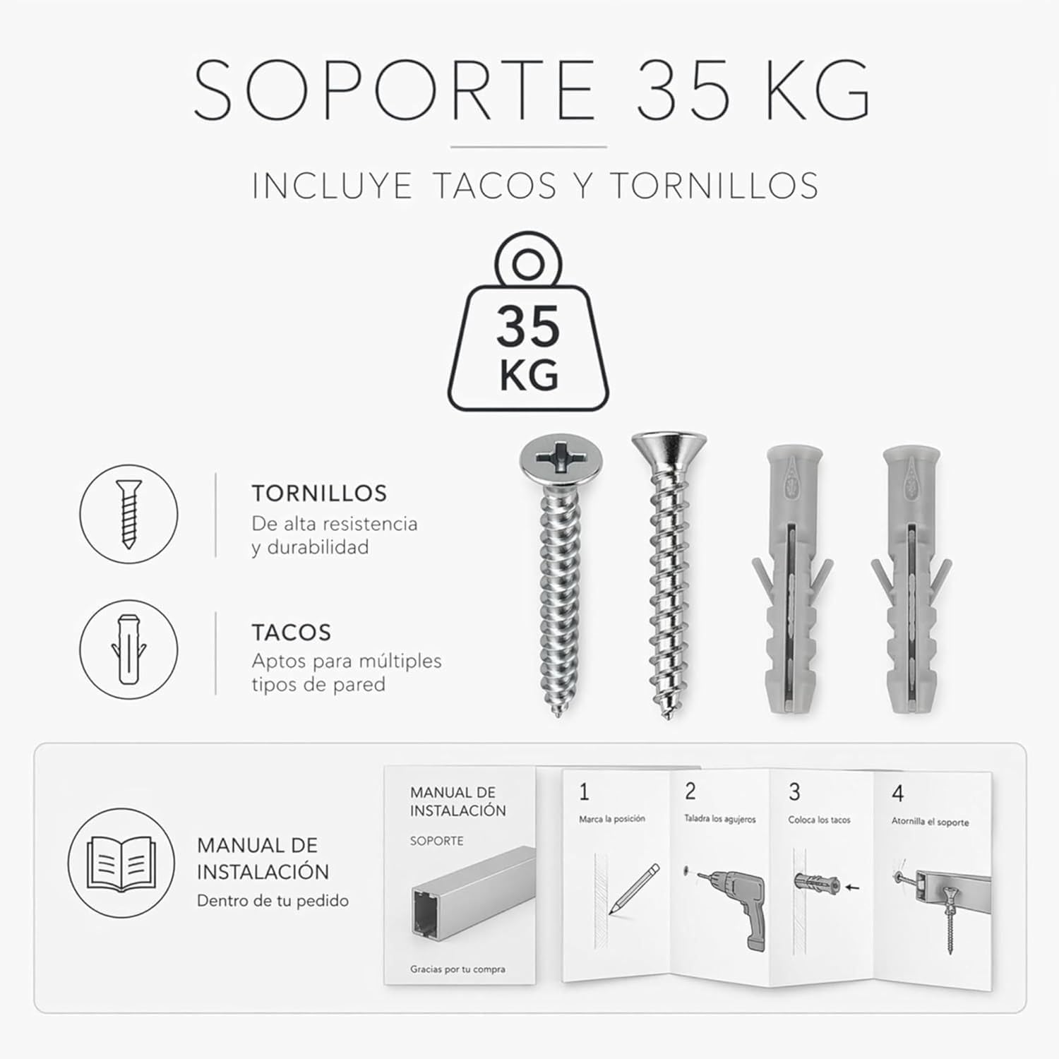 Sistema Riel para colgar Cuadros - Guía de Aluminio Blanca 6 Metros | Riel Ajustable para Cuadros | 6 Colgadores RM con Nylon | Instalación en Pared y Pladur | Tornillos y Tacos