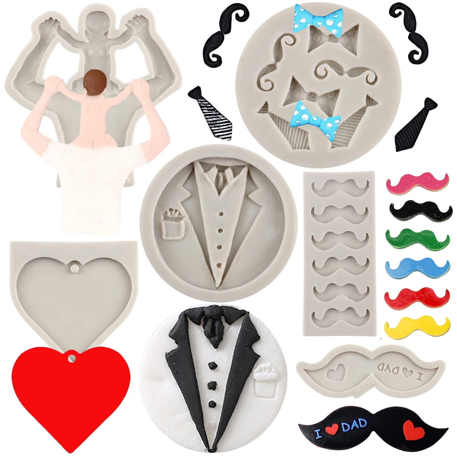 Father's Day Silicone Molds Beard Moustache Fondant Molds I Love DAD Mold Heart Shape Bow Tie Mold For Little Man Theme Cake Decorating Cupcake Candy Chocolate Gum Paste Polymer Clay Set Of 6