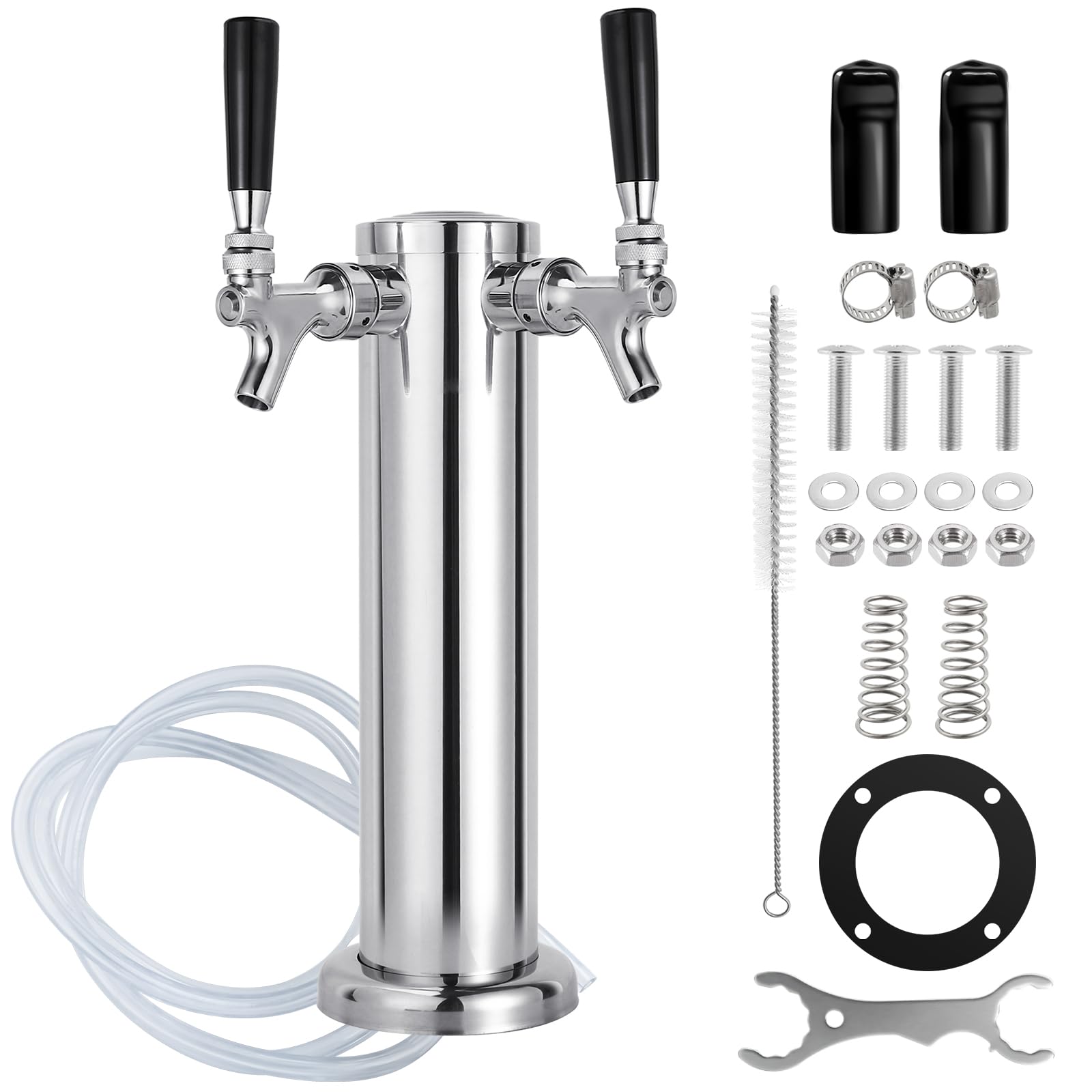 All Stainless Steel Kegerator Tower Dual Faucet Beer Tower Double Tap Beer Tower Dispenser Beer Tap Kegerator Parts Stainless Steel Tower Faucet Preassembled Tubing 3" Keg Tower Beer Keg Faucet (SS)