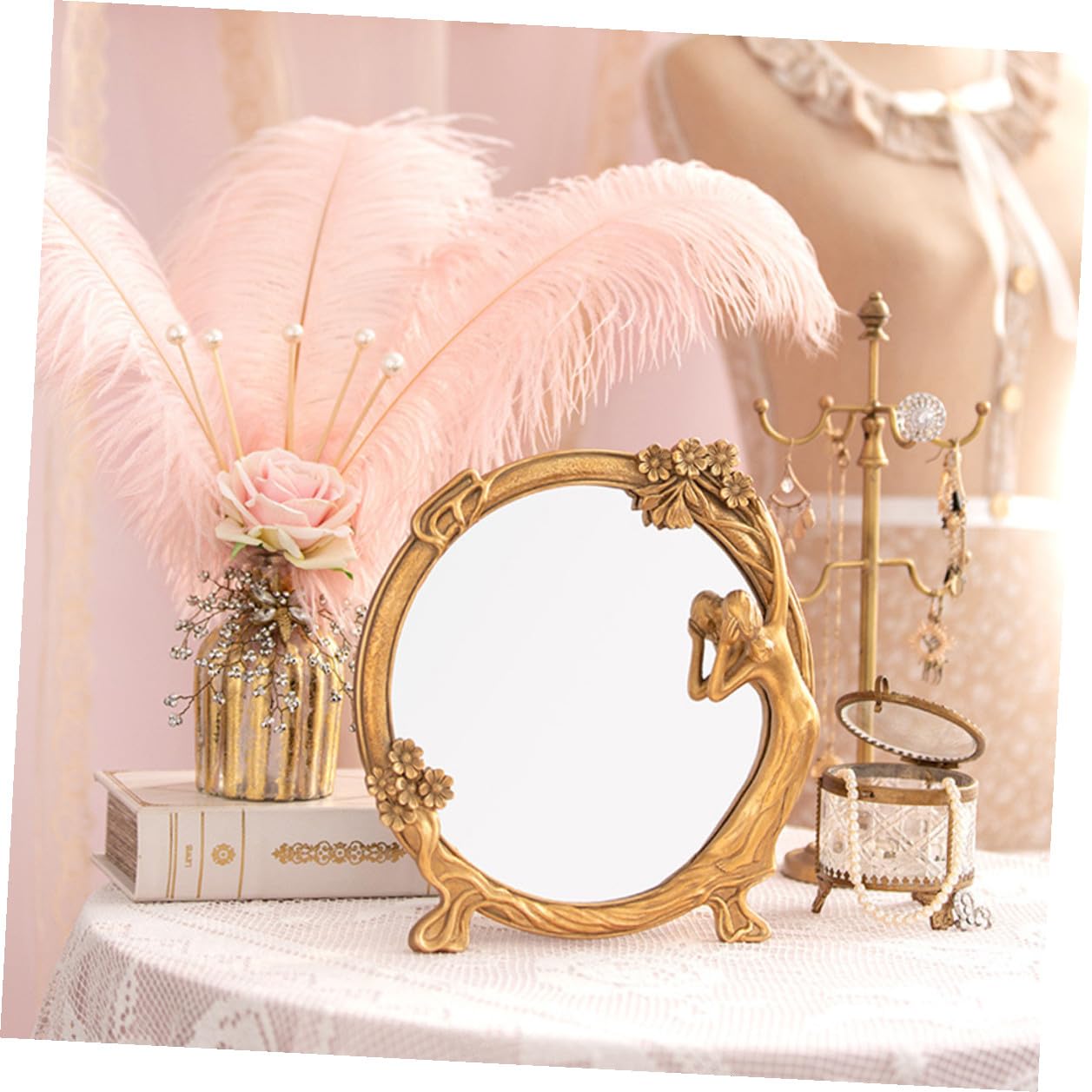 ABOOFAN Vintage Schminkspiegel als Tischspiegel mit Reliefornament, Gold