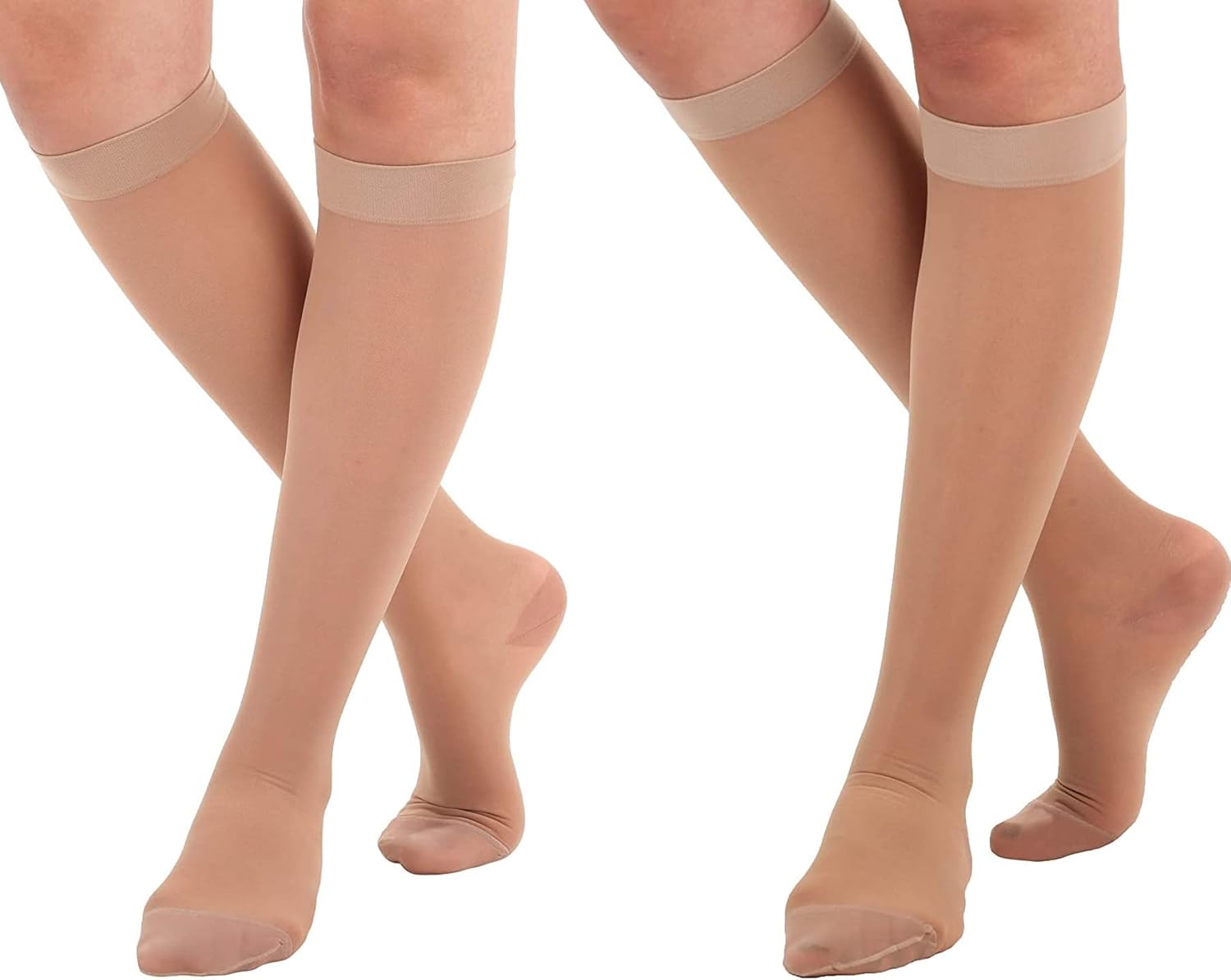 (2 Pairs) Made in USA - Size Large - Sheer Compression Socks for Women Circulation 15-20mmHg - Lightweight Long Compression Knee Hi Support Stockings for Ladies - Beige & Natural