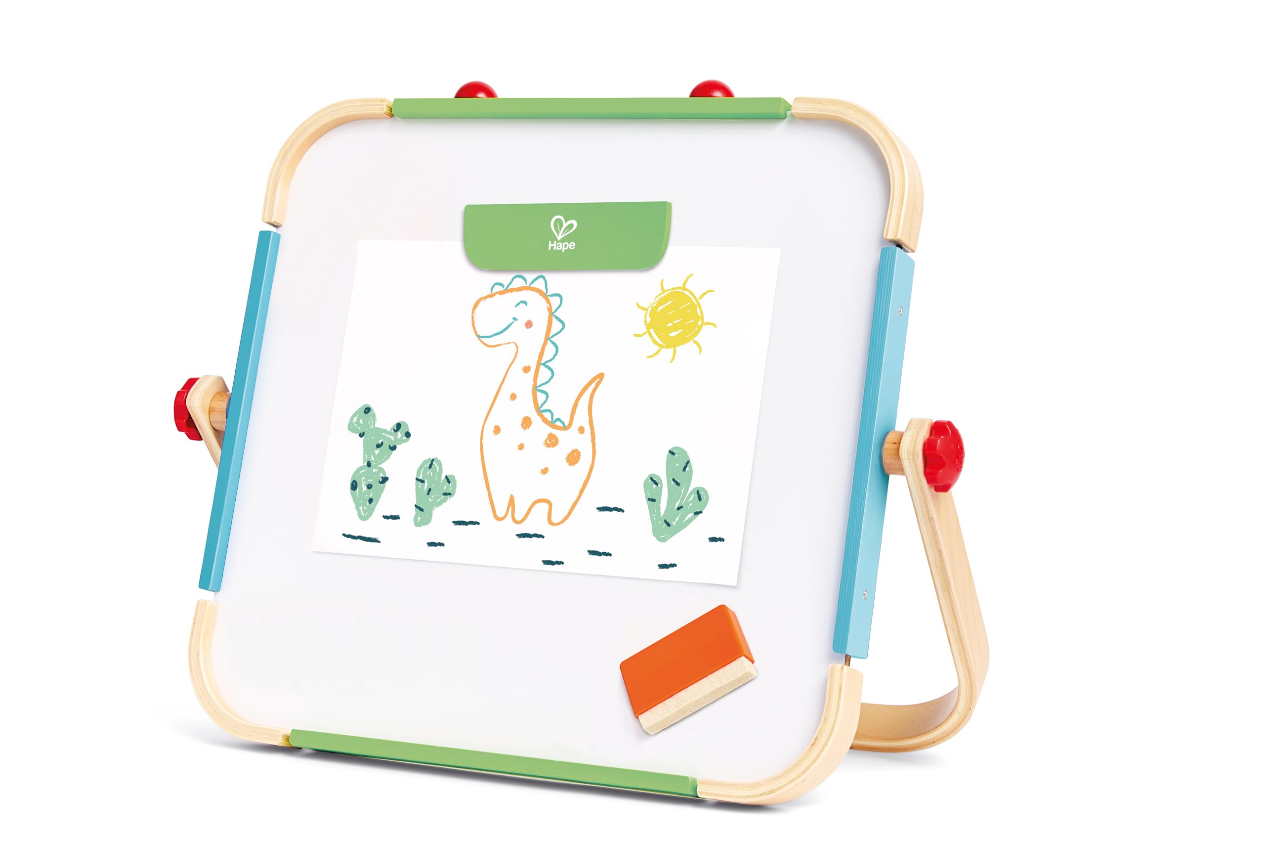 Hape Early Explorer Anywhere Table Top Art Studio by Hape | Award Winning Double-Sided Wooden Kids Easel Whiteboard/Chalkboard with 2 Chalk Pieces, Eraser and Magnetic Wood Clamp for Paper