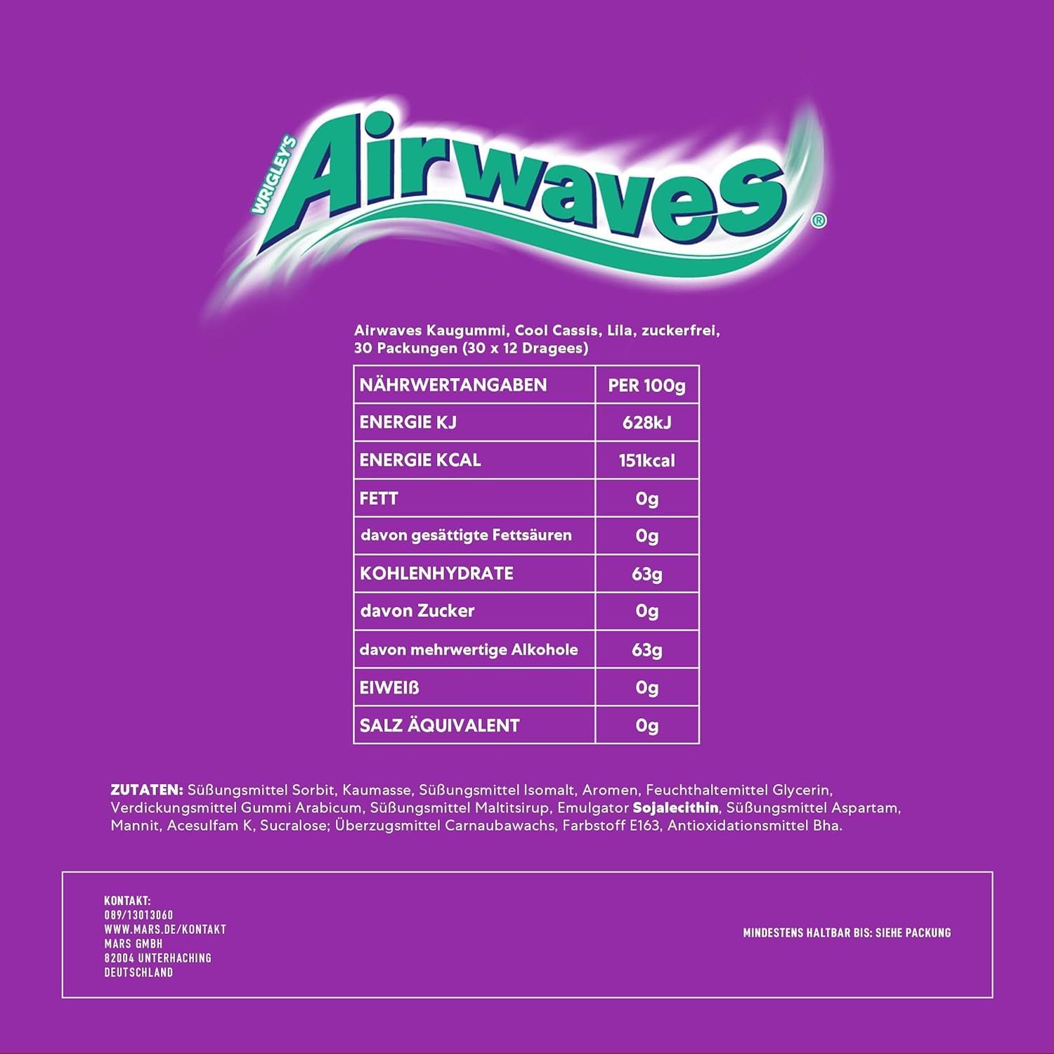 Airwaves Kaugummi Zuckerfrei, Cool Cassis Gum, 30 x 12 Dragees, Großpackung Chewing Gum, Kaugummi ohne Zucker mit Minz Frische (360 Dragees)