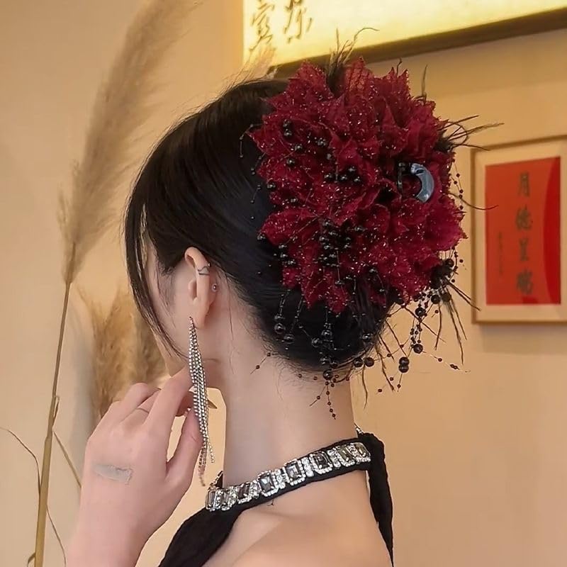 Large Chiffon Bead Floral Tassel Plastic Hair Claws Clips Double Flower Hair Claw Barrettes Clamps Bun Chignon Updo Holders Hair Accessories for Women (Coffee)
