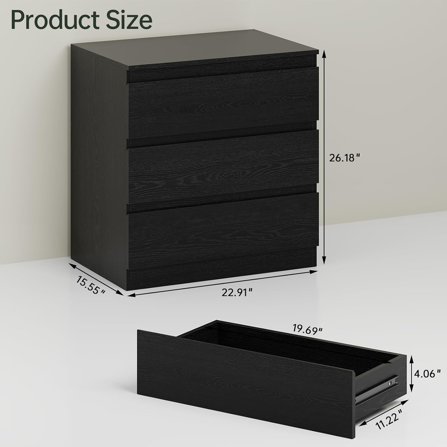 OtterOasis Black Wood Dresser for Bedroom, 3-Drawer Dresser for Clothes Storage, Modern Dressers with Wide Drawers, Wide Wooden Chest Drawers for Living Room, Entryway, TV Stand