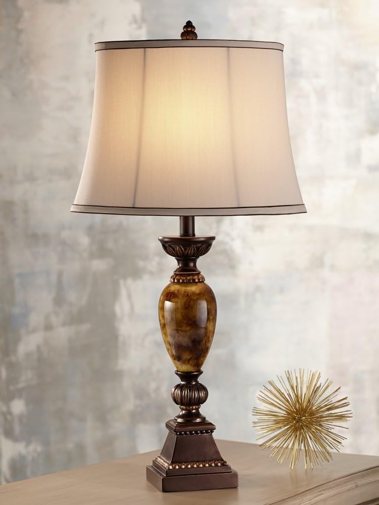 Kathy Ireland Mulholland Traditional Table Lamp 30" Tall Brown Gold Faux Marble Aged Bronze Off-White Fabric Oval Shade Decor for Bedroom Living Bedside Nightstand Home Office Kids Room