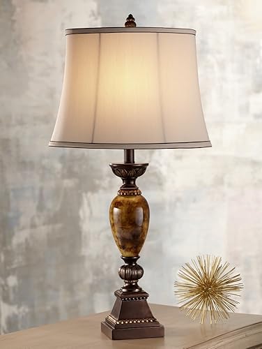 Miniatura 3 de kathy ireland Mulholland - Lámpara de mesa tradicional de 30 pulgadas de alto, color marrón dorado, mármol sintético, bronce envejecido, tela blanca