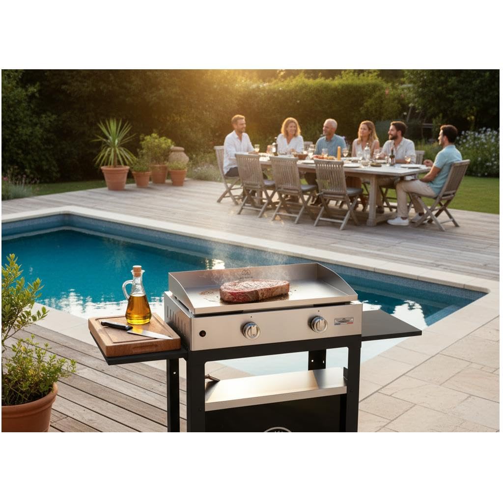 LE MARQUIER La Plancha INOX Duo Edition : Plancha 260 Gaz + Chariot Noir + Couvercle INOX+ Porte Épices Et Rideau