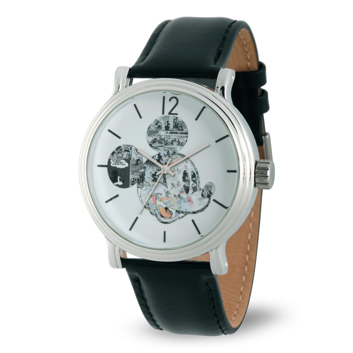 Disney Mickey Mouse Articulating Hands Watch for Men - Classic Mickey Watches for Men, Perfect Inspired Timepiece Him - Stylish Watch with White Dial, Silver Case, Black Leather Strap