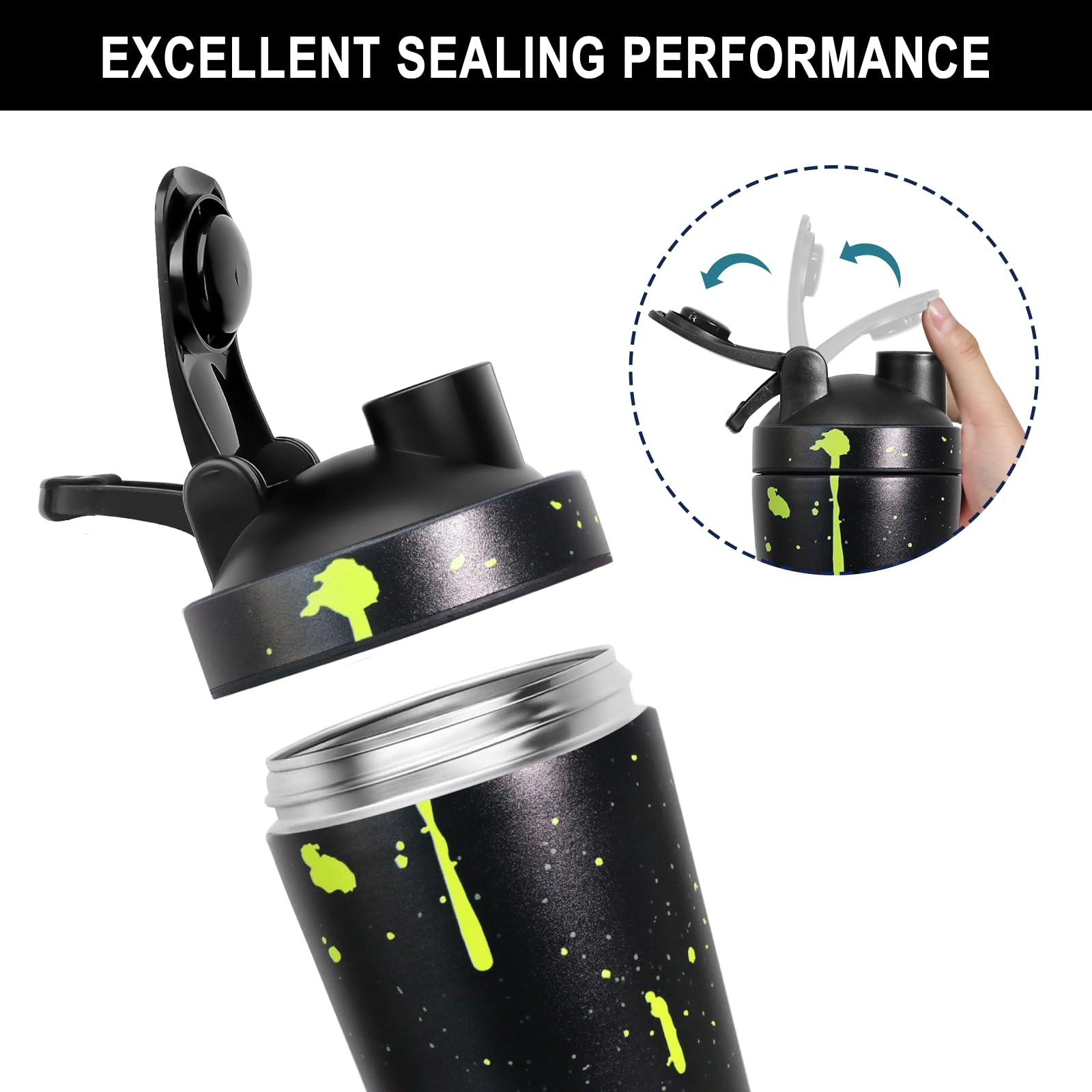 750ml Shaker Proteine, Shaker Proteine Inox, avec Boule en Spirale, sans BPA, étanche, Facile à Nettoyer, inoxydable Protéines Bottle de protéines, Bottle de protéines Conservation de la chaleu - Noir