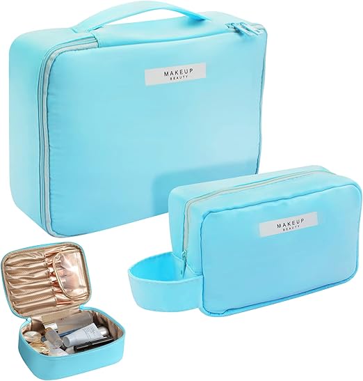 2 Pezzi Borsa da Trucco, Pochette Trucchi Blu Beauty Case da Viaggio