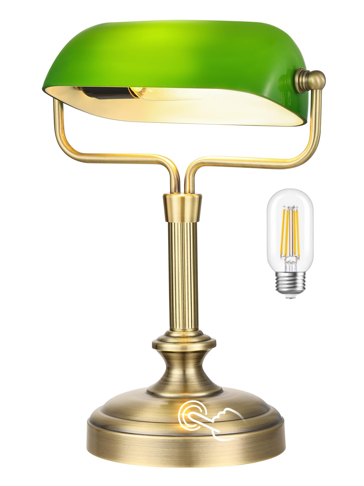 Green Bankers Lampe de bureau, abat-jour en verre réglable, lampe vintage avec interrupteur tactile pour bureau à domicile, lampe piano, ampoule LED 6 W incluse