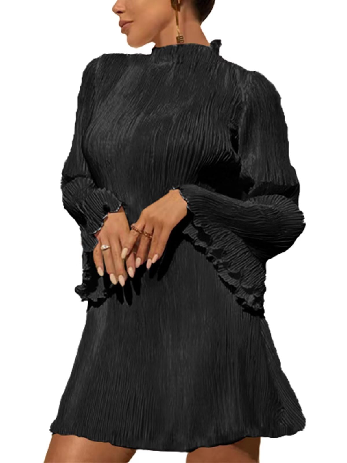 AnnystoreWomen's Bell Long Sleeve Pleated Mini Dress Casual Mock Neck Ruffle A-line Short Dresses Cocktail Party Clubwear