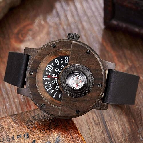 Miniatura 2 de GORBEN Reloj con brújula y tocadiscos de madera para hombre, elegante reloj de pulsera de madera para hombre, reloj de cuarzo ligero hecho a mano
