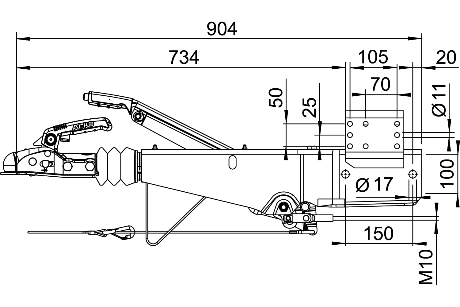 AL-KO Dispositivo de inercia con Enganche AK270 para Remolque 251S 1500-2600 kg Lanza Cuadrada 100 mm Freno de inercia Carga Vertical 100 kg Compatible 1637 2051