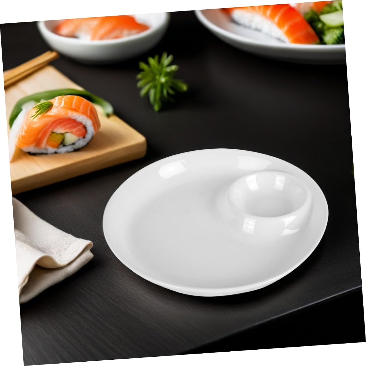 Garneck Ceramic Plate with Sauce Compartment, 9 Inch White round Dish