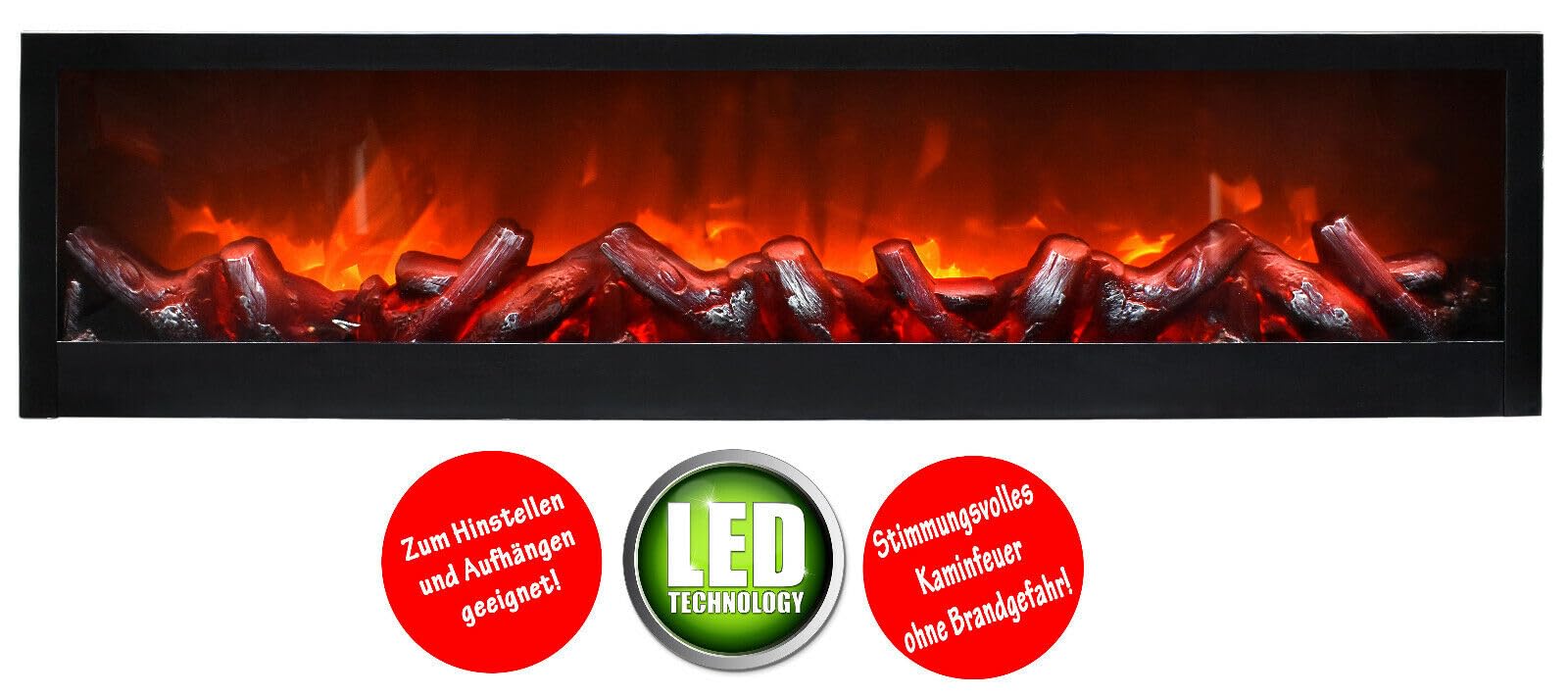 LED Wandkamin Tischkamin Elektrokamin mit realistischer Flammensimulation Kaminfeuer Feuersimulation schwarz inkl. Fernbedienung 60x20cm