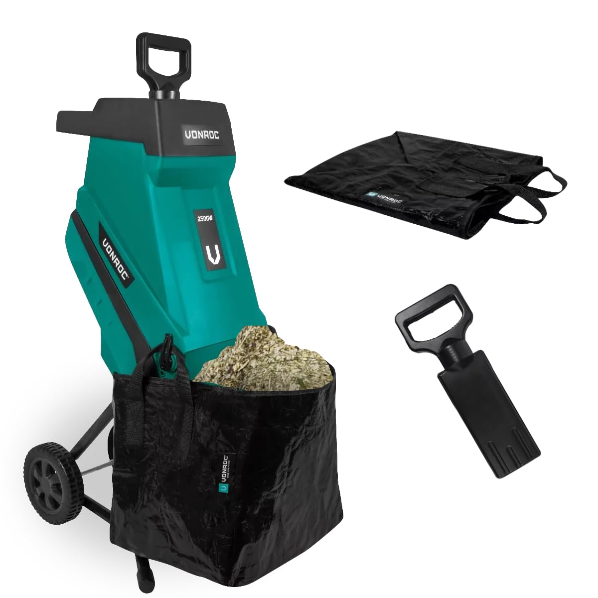 VONROC Biotrituratore elettrico 2500W – Trituratore Rami e foglie fino a Ø45mm, con Sacco Raccolta 45L, Lame in Acciaio Duro, Sicurezza Anti‑Sovraccarico – Leggero, Compatto e Facile da Pulire