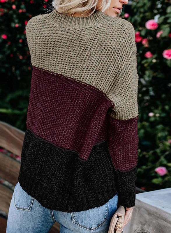 Image of Dokotoo Womens Color Block Sweaters Long Sleeve Pullover Knit Tops | Winter,Cable Knit,Casual,Loose,Striped,Soft,Warm