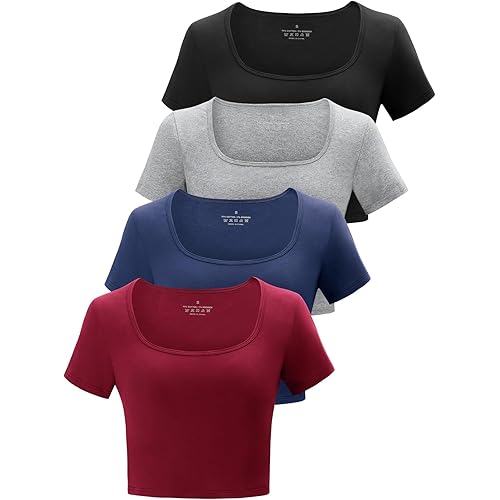 Kole Meego Square Neck Crop Tops for Women Workout Tops Trendy Going Out Tops Gym Summer Shirts 4 Pack