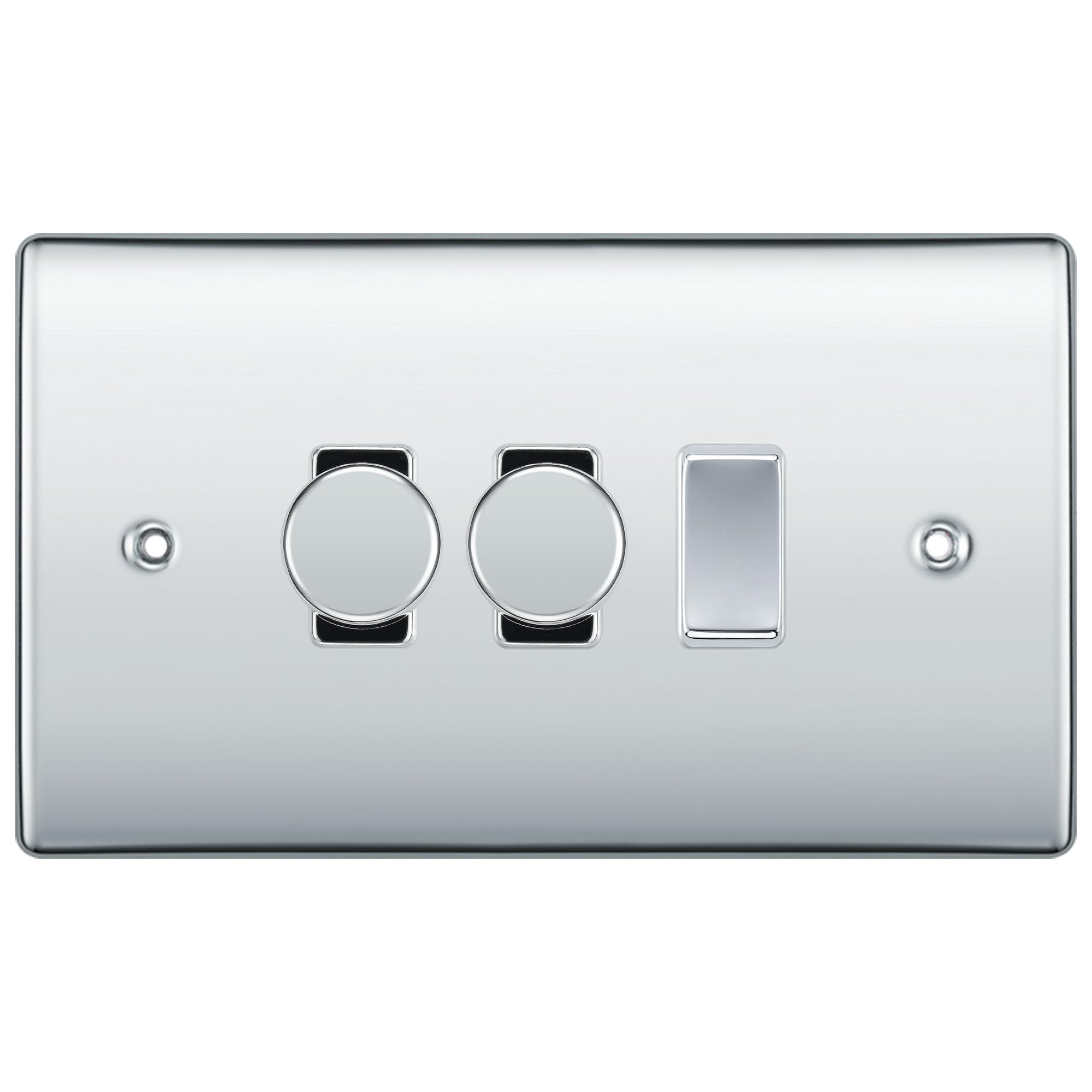 BG Polished Chrome 3 Gang Grid Switch 2x Trailing Edge LED Dimmer 1x 1 or 2 Way