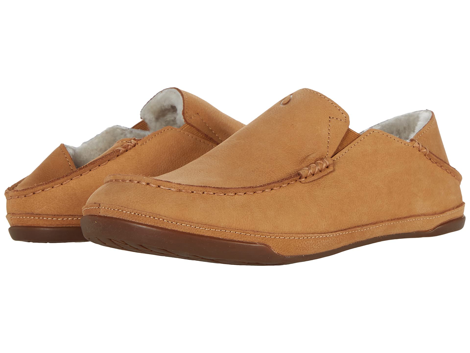 OLUKAI Kipuka Hulu Men's Leather Slippers, Premium Nubuck Leather Slip On Shoes, Shearling Lining & Gel Insert, Drop-In Heel Design