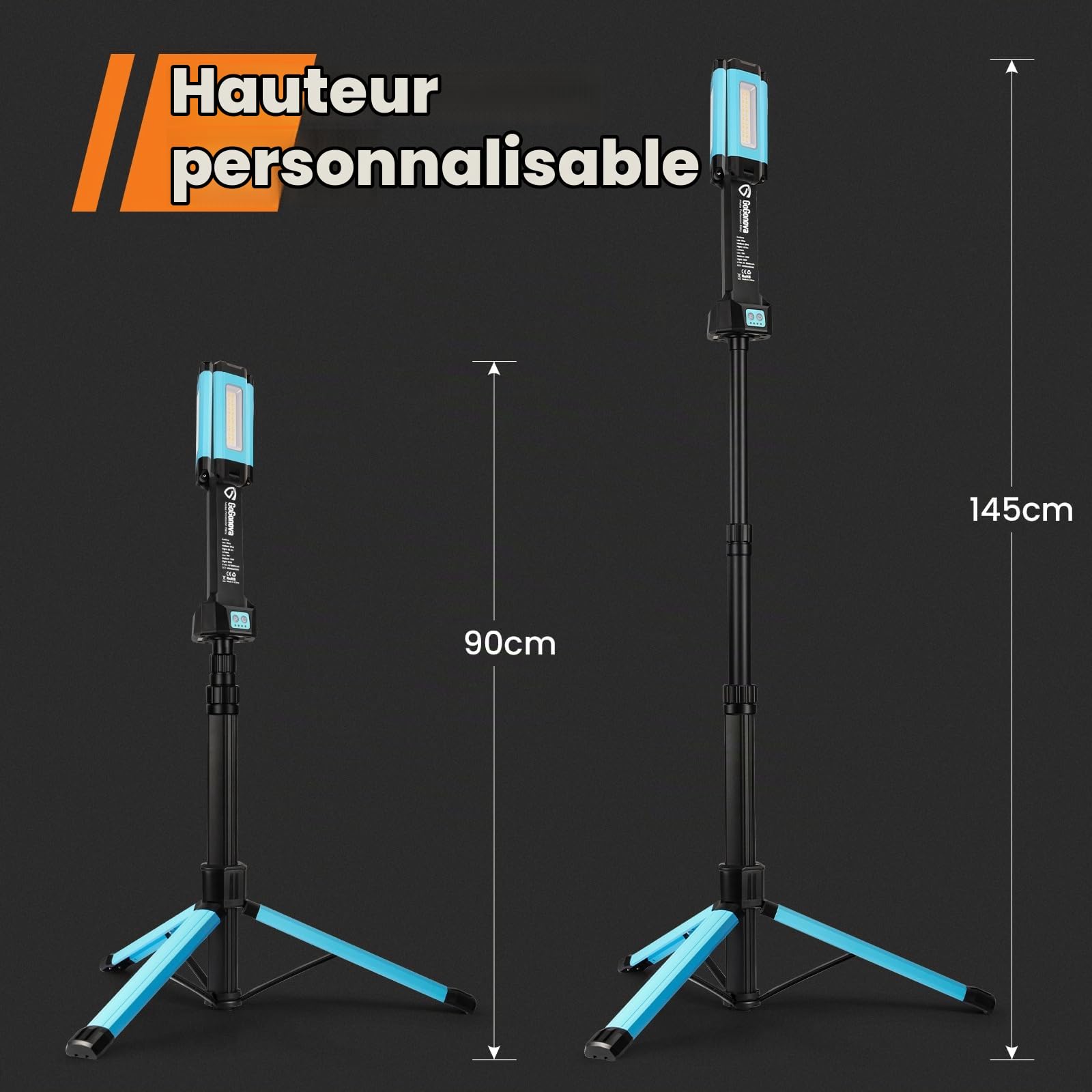 Projecteur de Chantier LED avec trépied, Lampe de Travail/Lampe de Travail sans Fil GoGonova avec Batterie 8000mAh, 700/1200/2200 lumens, 4000/6500 K, trépied télescopique 170cm et Sac de Transport