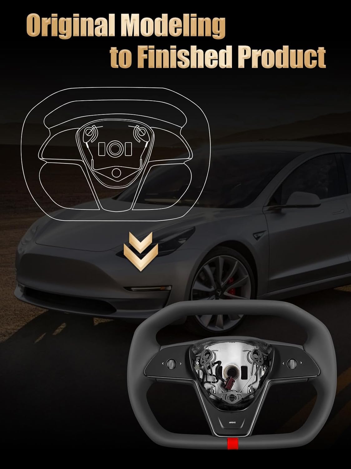 ZIMABLUE Cyber Truck Steering Wheel With Red Stripe for Tesla Model 3 Accessories 2017-2023, For Tesla Model Y accessories 2020-2024, Black Microfiber Leather With Heating Function