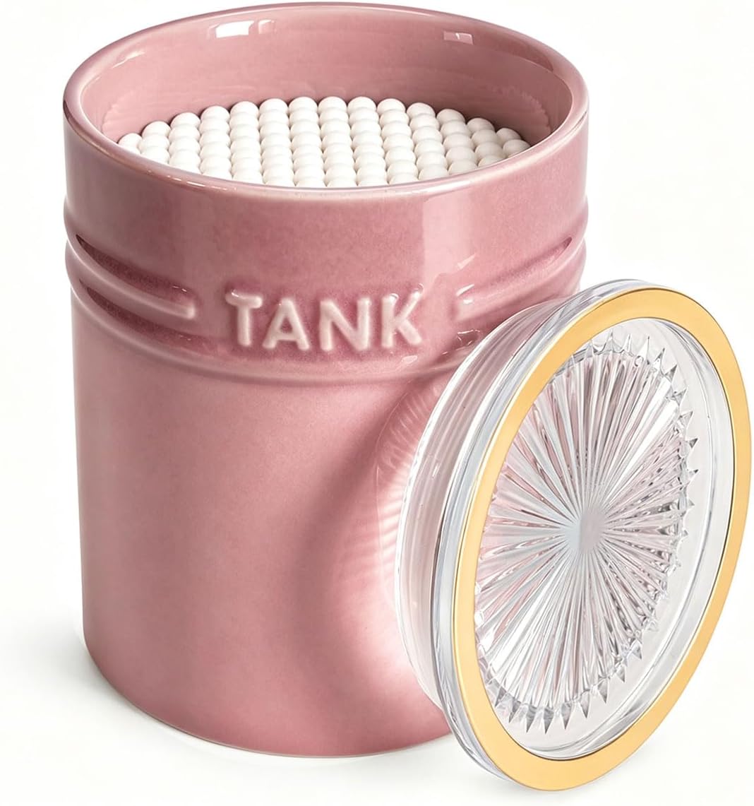 Ceramic Qtip Holder Apothecary Jar, Pink Bathroom Vanity Organizer
