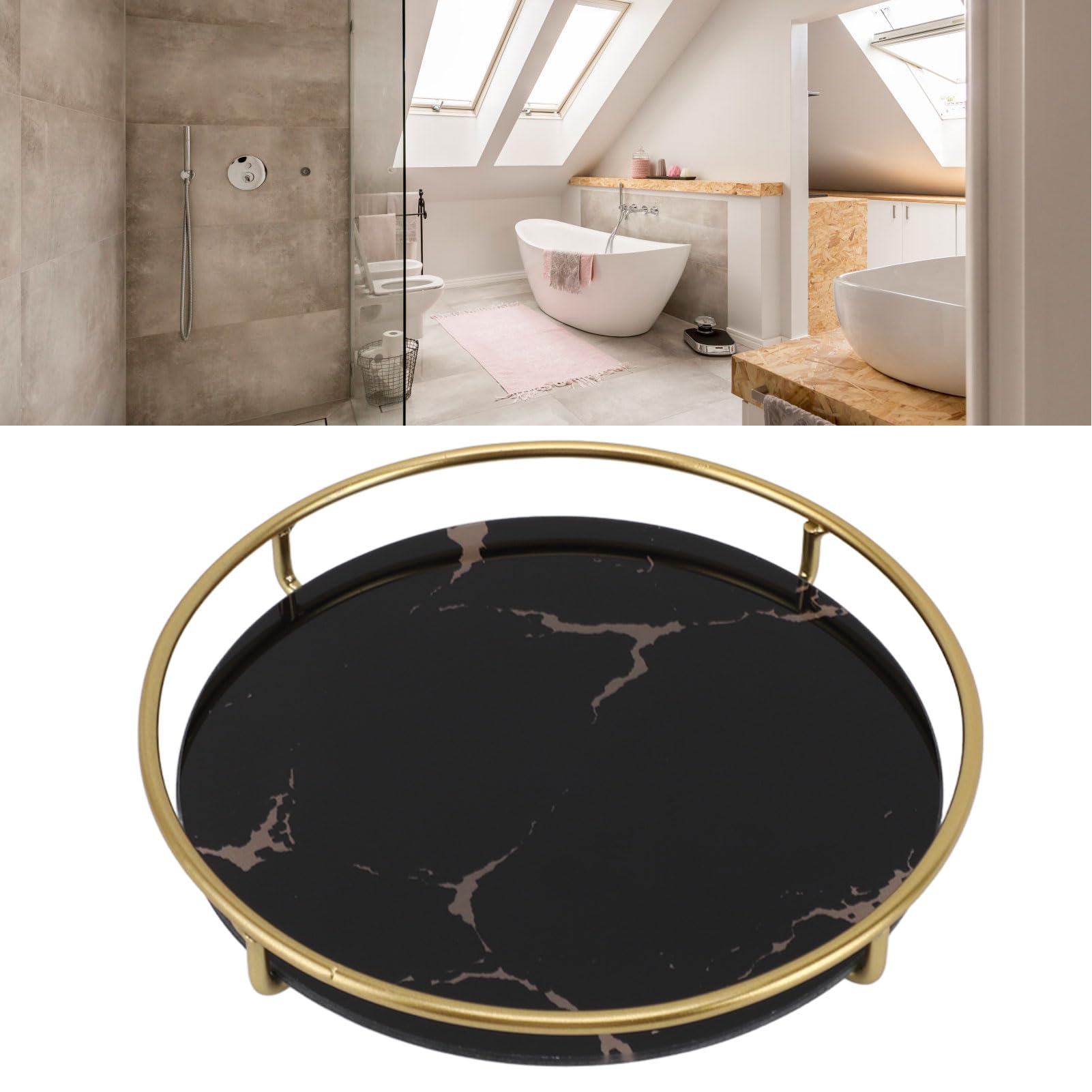 MOUMOUTEN Round Bathroom Tray, Marble Bathroom Counter Tray, Ceramic Perfume Organizer and Jewelry Dish for Vanity(Black)
