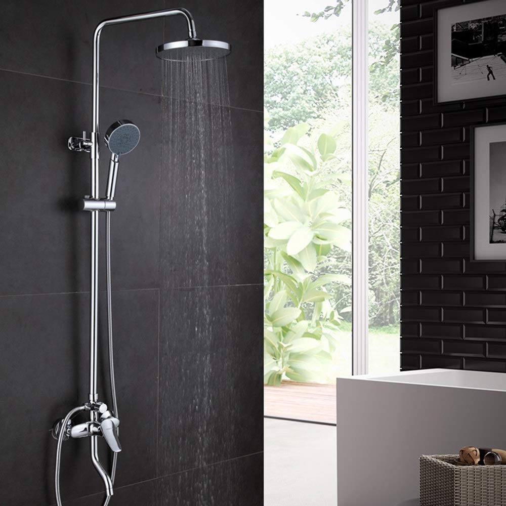 CWCQGH 8" Round Top Shower System Silver Lift Household Hot and Cold Shower Set Brass Shower Faucet 5 Modes Beautiful Practical