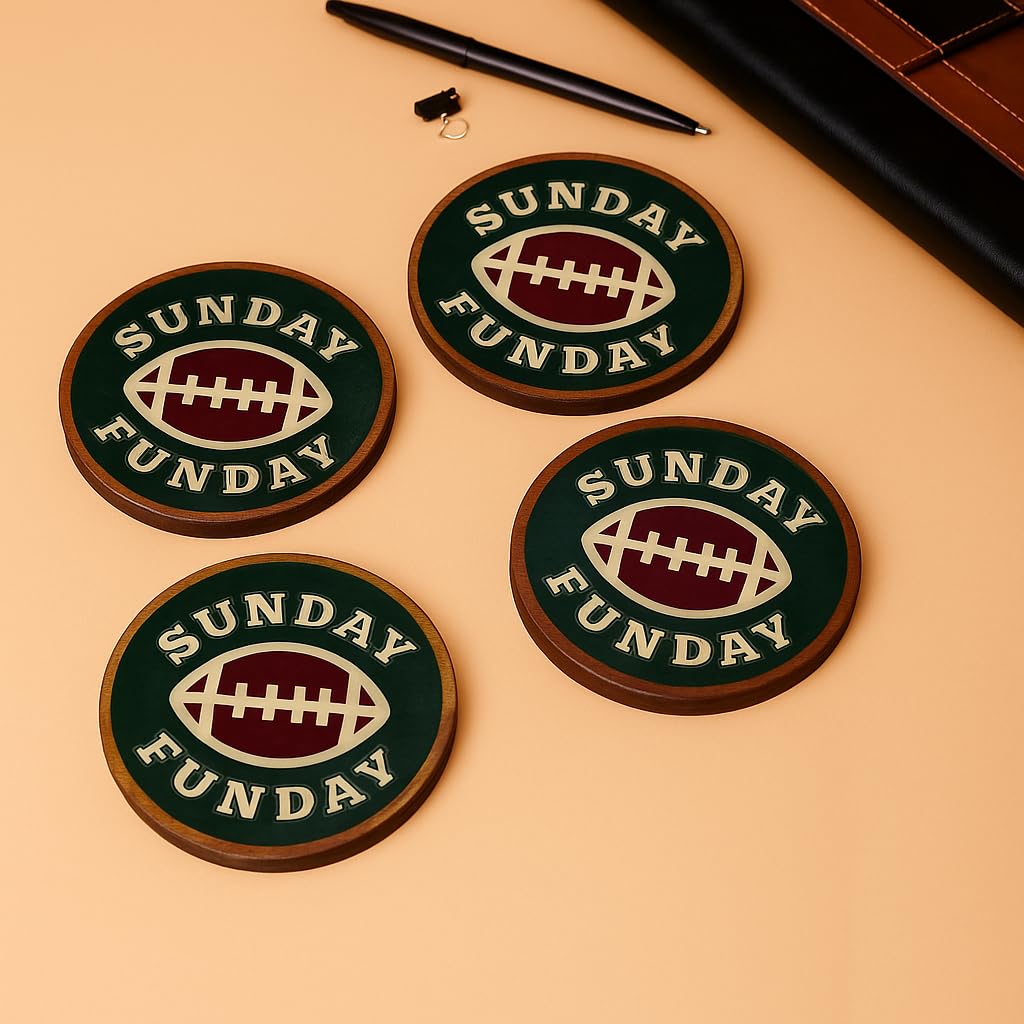 Accent Decora Round Wooden Coaster Set of 4 | “Sunday Funday” Sports Theme | Heat-Resistant Drink Coasters for Tea, Coffee & Cold Beverages | Tabletop Protection & Home Bar Décor