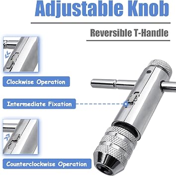Mesee 2 Pieces T-Handle Ratchet Tap Wrench Set, Adjustable Ratcheting T Handle Tapping Holder Wrench Reversible Reamer Hand Threading Tap Wrenches Tool Fits M3-M8/ M5-M12 Metric Screw Taps