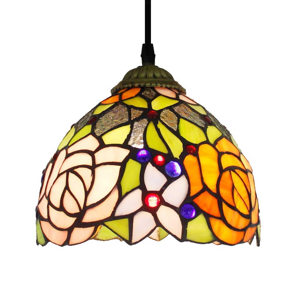 Chao Zan Tiffany Style Pendant Light, Floral Stained Glass Hanging Lamp, Vintage Rose Pattern, Multi-Coloured,E27 Chandelier Lights(Figure: D)