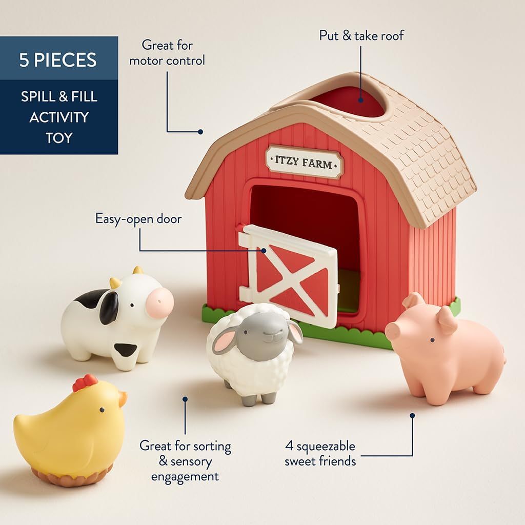 Itzy Ritzy Put & Take Activity Toy – Spill & Fill Sensory Toy with 4 Squeezable Barnyard-Themed Pieces for Infants & Toddlers – Great for Sorting, Imaginative Play & Sensory Engagement (Farm)