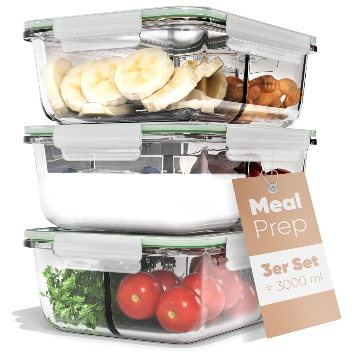 classbach Meal Prep Boxen Glas mit Fächern | 3er Set | Glasbehälter mit Deckel | geeignet für Spülmaschine, Mikrowelle u. Ofen | Frischhaltedosen Glas mit Deckel | Glas Dosen mit Deckel C-FHDM 4021 G