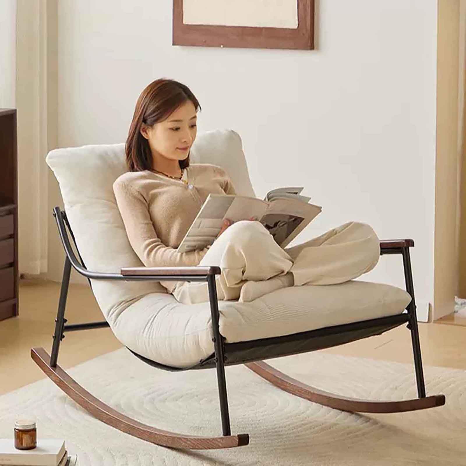 Kaverno Oversized Rocking Chair with Cushion, Modern Accent Rocking Chair with Solid Wood Legs, Nursery Recliner with Armrests, Wide Seat, Easy to Clean for Bedroom Living Room