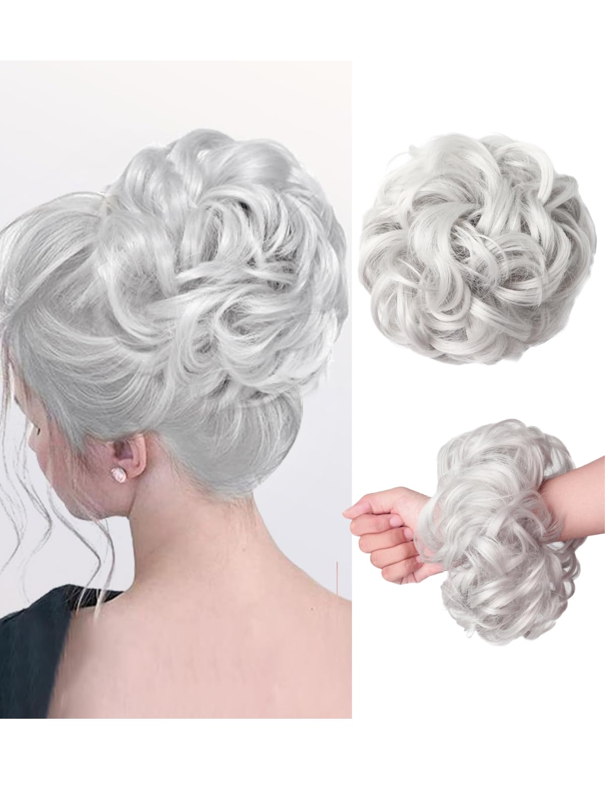 Messy Bun Hair Piece Hair Bun Wavy Curly Scrunchies Chignon Ponytail Hair Extensions Fake Hair Bun Extensions Synthetic Tousled Updo Hairpieces for Women（Silver Grey）