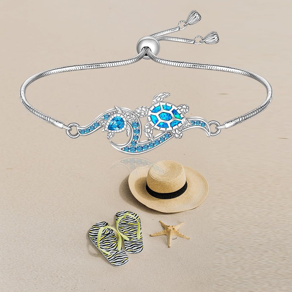 Turtle Bracelet for Women Blue Opal Sea Turtle Bracelet Sterling Silver Tortoise Beach Summer Mother Daughter Adjustable Blue Turtles Jewelry - Image 8