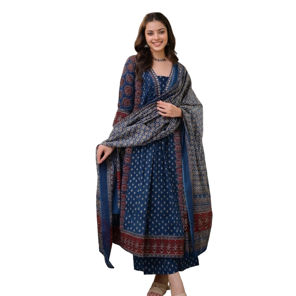 Women Printed Rayon Anarkali Kurti Palazzo Dupatta Set, Traditional Ethnic Kurta Suit with Round Neck 3/4 Sleeve Indian Outfit for Women and Girls-picture-26