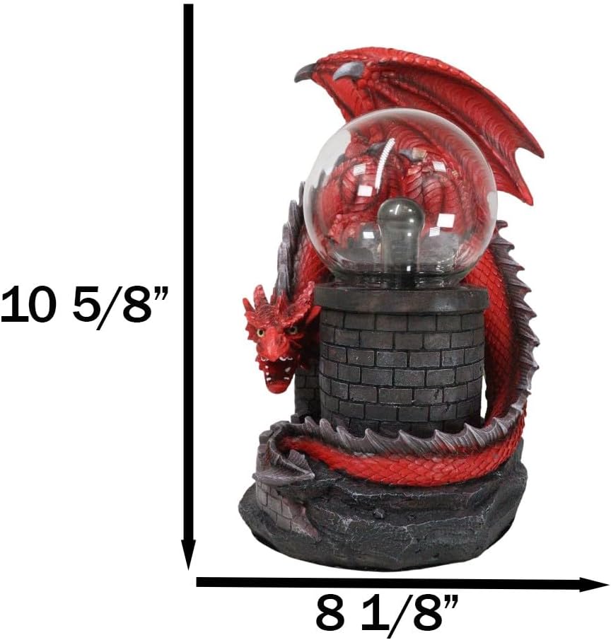 Ebros Large Dungeons and Dragons Red Fire Dragon Guarding Castle with Electric Plasma Sphere Ball Lamp Statue 11" Tall AC Powered Flashing Bolts Raging Lightning Lights Medieval Renaissance Decor