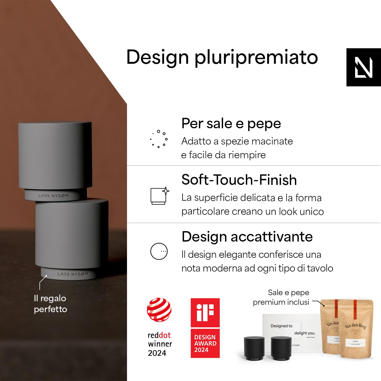 LARS NYSØM Set regalo con saliera e pepiera & spezie - Mini saliera e pepiera di design con il miglior sale alpino e pepe del Brasile in un'attraente confezione regalo (Carbon Black)