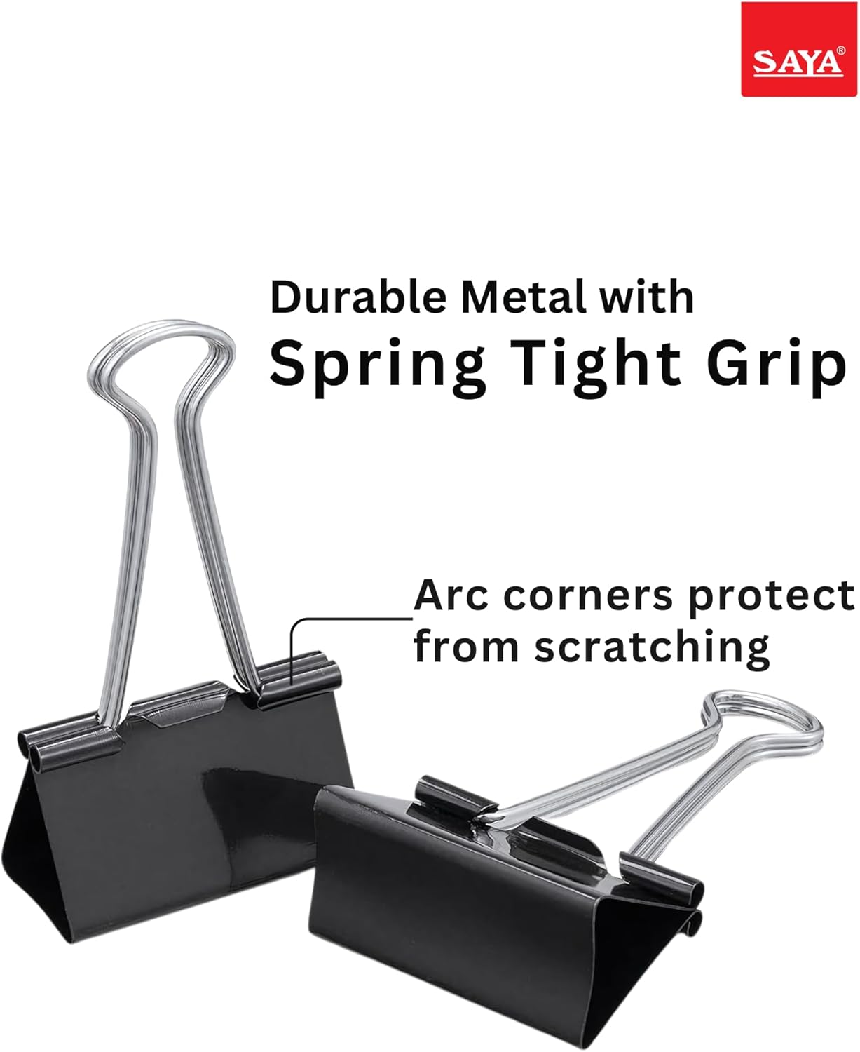SAYA Binder Clips - 72 Pieces (6 Box) Durable Rust Resistant Metal Clips with Strong Spring Handle, Arch Corner Design, Reusable Black Paper Clamps for Office, Home, School