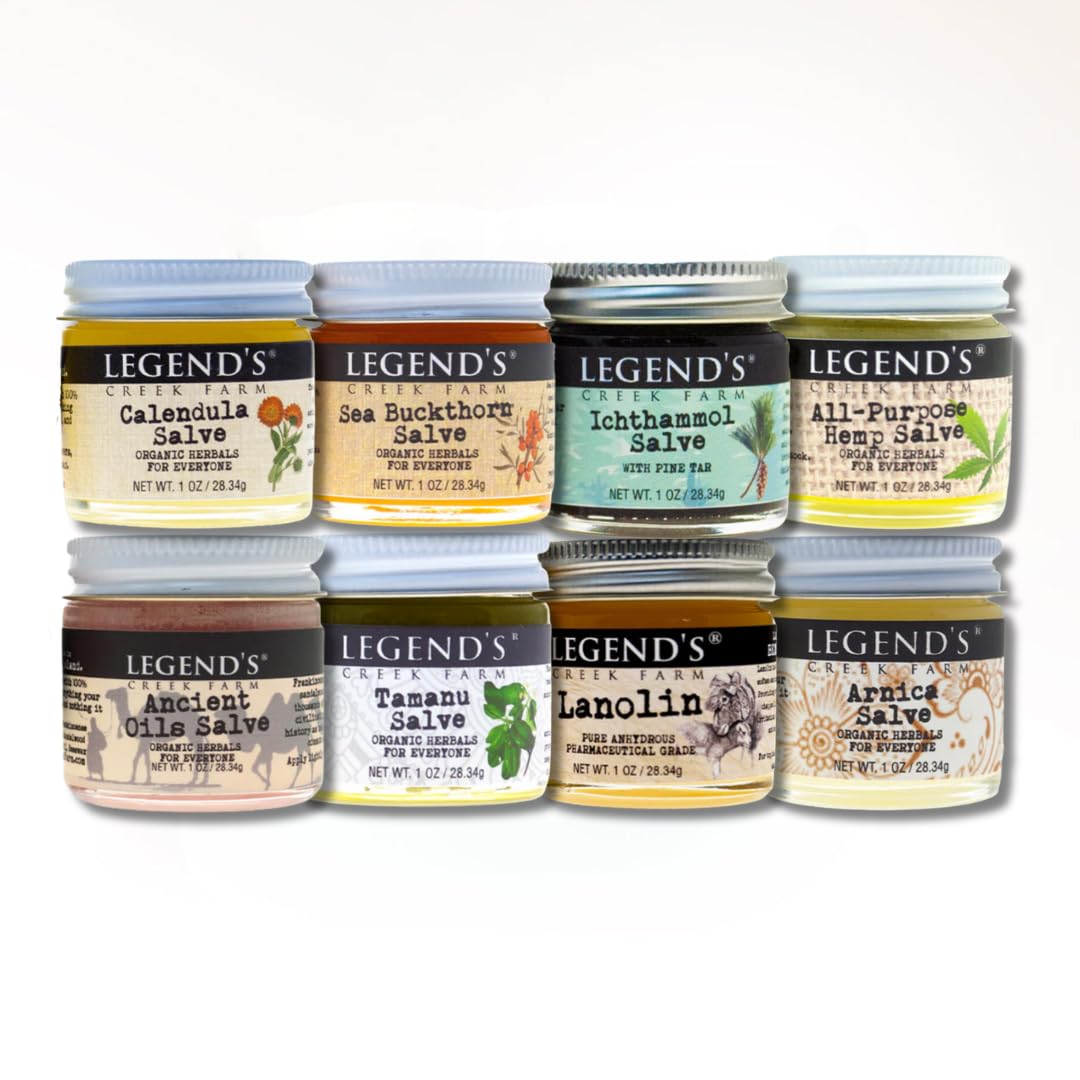 Legend's Creek Farm Herbal Salve Bundle 8 Pack - Pack of 1 oz. Healing Ointment with Ichthammol, Calendula, All-Purpose Hemp, Sea Buckthorn, Tamanu & Hemp, Arnica, Ancient Oil, Lanolin (8 Jars)