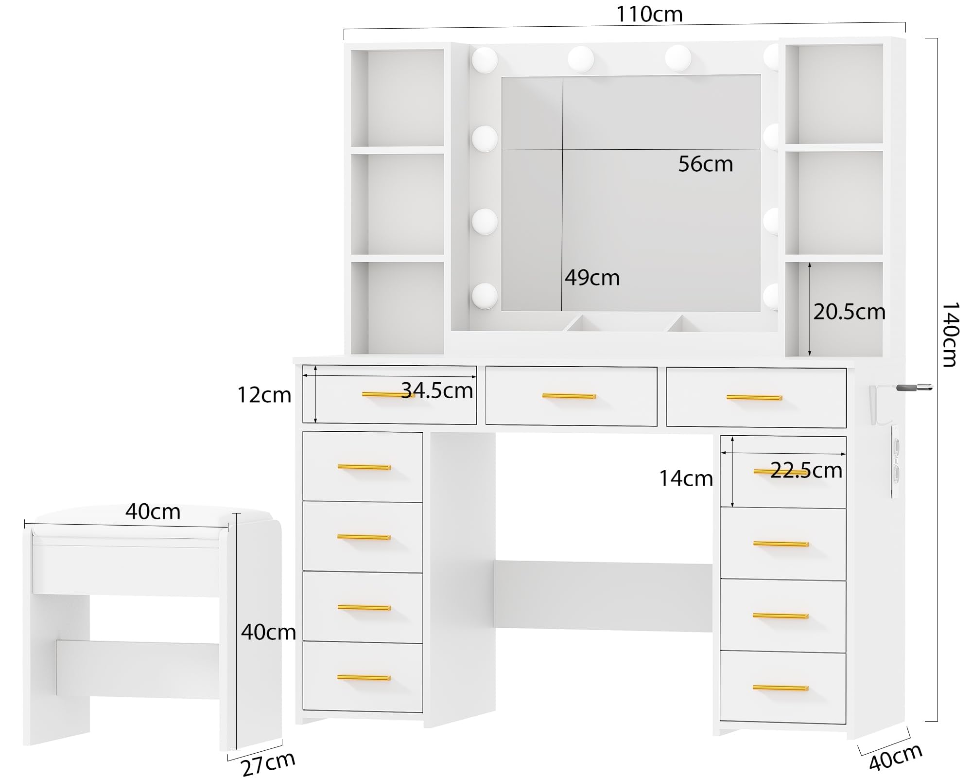 ANWBROAD Tocador de Maquillaje Grande con Luz LED y Enchufes 140x110x40cm BDT86W