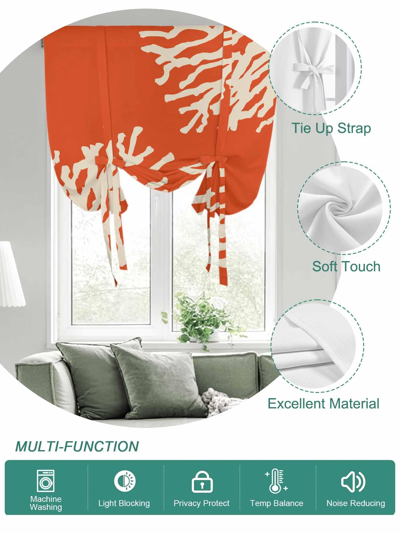 Tie Up Curtains for Windows Coral Orange Roman Shade 52 x 45 Inch Bathroom Curtain Window Coastal White Ocean Marine Nautical Beach Rod Pocket Short Balloon Curtains for Living Room Kitchen Blinds